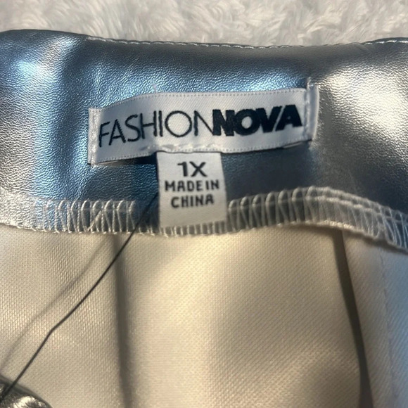 NWT Fashion NOVA Silver Faux Leather Flare Silver Pants w/ Rhinestone Crosses - Picture 13 of 16